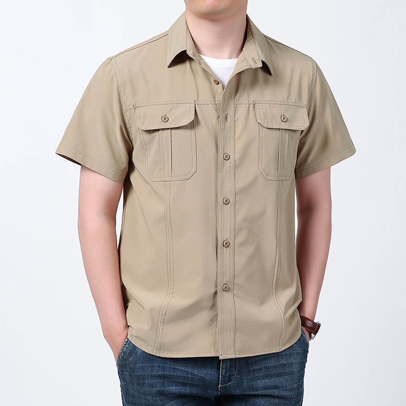 thumbnail image 4 of Camisa de manga corta para hombre - Informal, holgada, lisa - Ropa de trabajo de secado rápido - Verano - Bolsillos utilitarios - Poliéster, 4 of 5